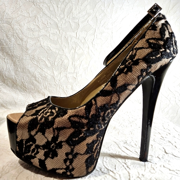 N.Y.L.A. Shoes - N.Y.L.A. Cream Black Lace Platform Stilettos